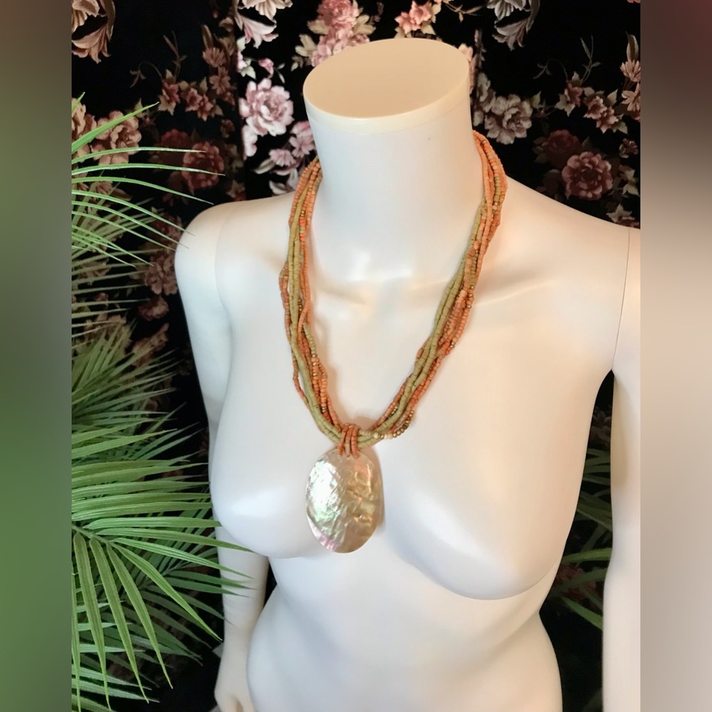 Beaded Orange Green Shell Beach Necklace